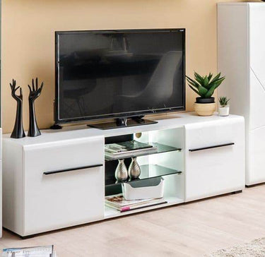 Terrento Modern White High Gloss Large TV Unit with Glass Shelves and Storage - UK Luxury Furniture